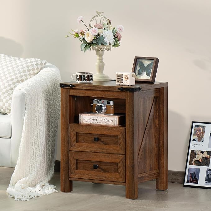 Joaxswe Nightstand with Charging Station and 2 Drawers, Farmhouse | Rustic - Image 7