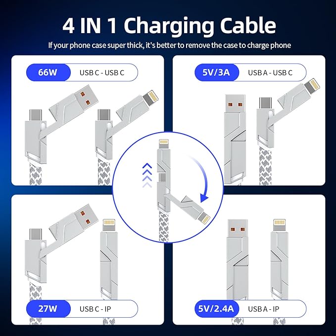 66W 4 in 1 Charging Cable,Fast Multi Charging Cable 5FT,USB C Cable Fast Charge&Data Transfer, Type C 66W 27W PD Multiple Charger Cord for iPhone16/15/14/13 Series/Phones/Pads/Laptop and More-Silver