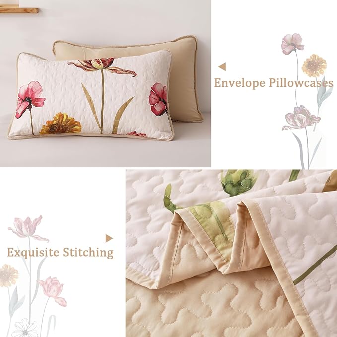 WONGS BEDDING Floral Quilt Set King Size, 3 Pieces Beige Bedspread | Chic - Image 4