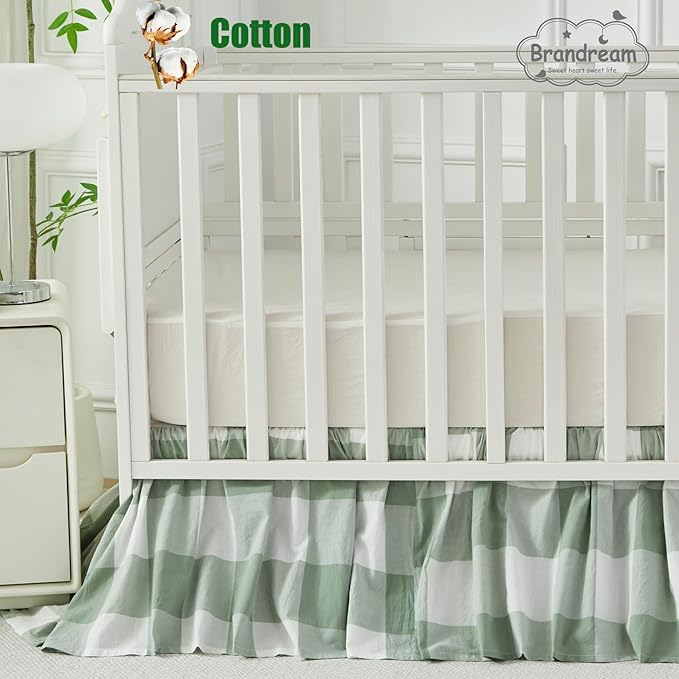 Brandream Gingham Gathered Crib Skirt, Baby Boy, Baby Girl, Gender Neutral Crib Skirt, 100% Cotton, 4-Sided, Green Buffalo Plaid Toddler Bedskirt Farmhouse Chic Nursery Crib Bed Skirt Dust Ruffle