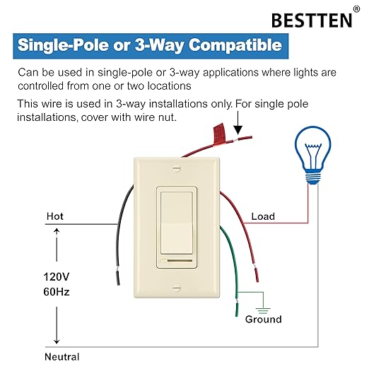 BESTTEN 2 Pack Almond Dimmer Wall Light Switch, Compatible with Dimmable LED, CFL, Incandescent and Halogen Bulb, Single Pole or 3-Way Dimmer Switches, 120VAC, Decorator Wall Plate Included