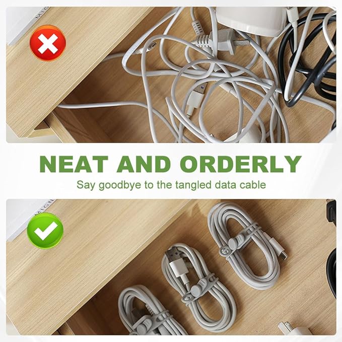 10PC Data Cable Organizer, 2026 Upgrade Silicone Cable Ties Reusable Cable Management Organizers, Multipurpose Elastic Cord Organizer for Fastening and Bundling Cable Cords Wires (A)