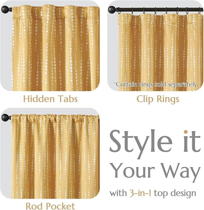 jinchan 95% Blackout Boho Curtains 84 Inches Long Mustard Moon Phases Printed - Image 7