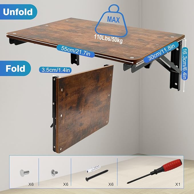 Folding Wall Desk for Small Space, 21.7Inches Wooden Floating Table | Foldable - Image 3