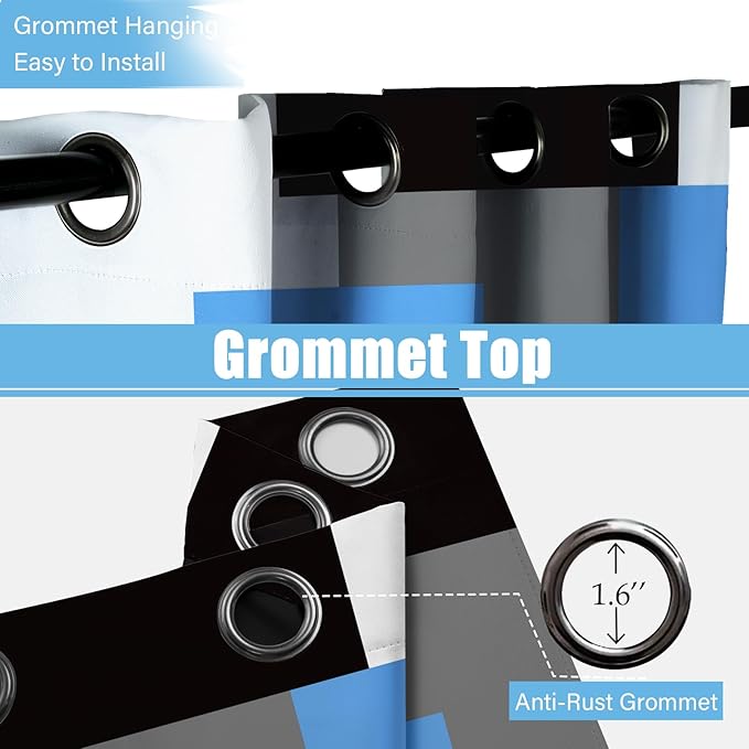 Light Blue 100% Blackout Curtains for Bedroom 84 inch Length 2 Panels Set White Grey Modern Abstract Geometric Black Out Curtains Insulated Room Darkening Window Drapes for Living Room, 52Wx84L