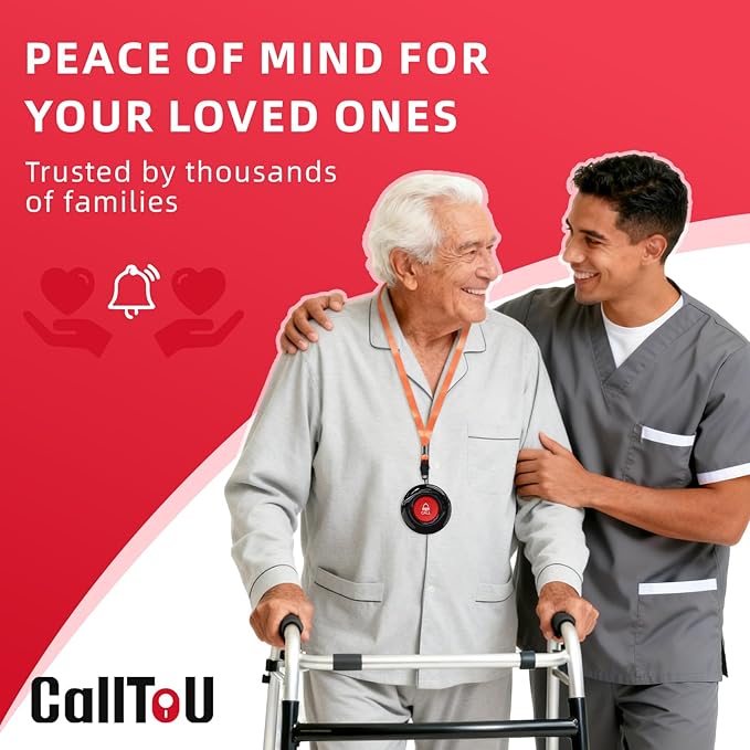 CallToU Caregiver Pager Wireless Call Bell Alert Button for Seniors/Elderly/Patients 1 Plugin Receiver 1 Waterproof Transmitter
