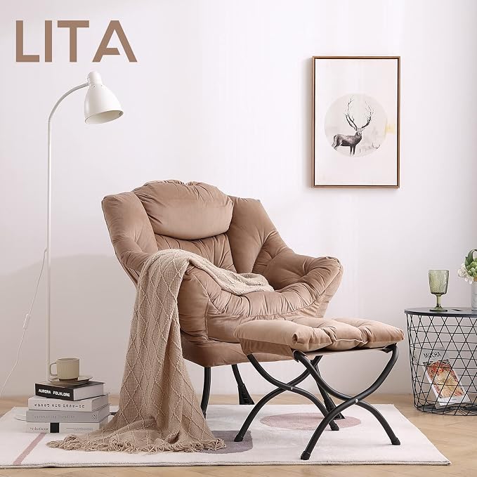 Lazy Chair with Ottoman, Comfy Accent Reading Chair, Dark Brown | Foldable - Image 8