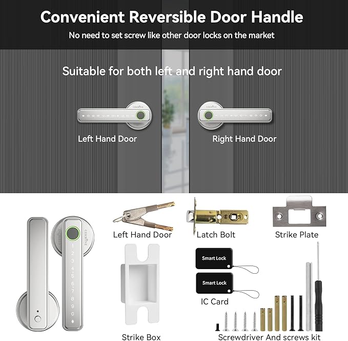 GEKRONE Fingerprint Smart Lever Lock TUYA APP Control Keyless Entry Bluetooth Touchscreen Indoor Handle Biometric Electronic Digital Door Knob with Keypad Suitable for Hotel Office Apartment Bedroom