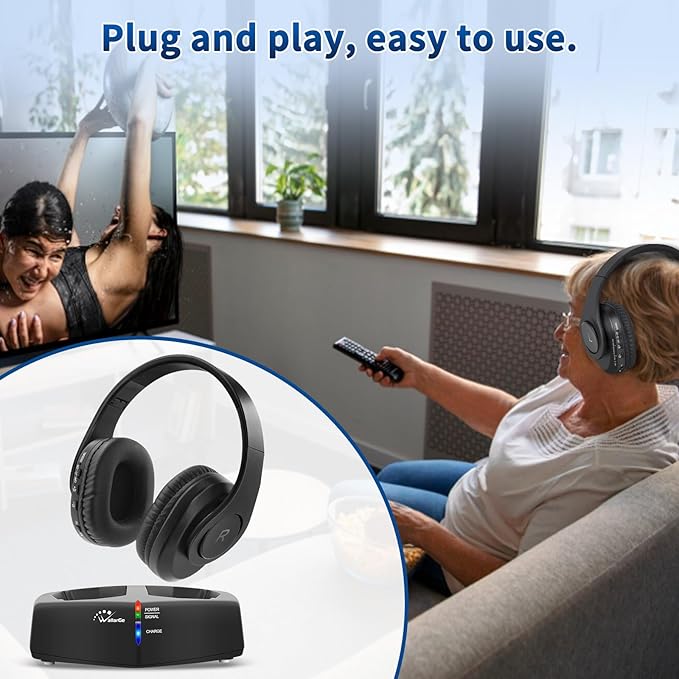 WallarGe Wireless Headphones for TV Watching, Easy Setup and Comfortable Bluetooth Headphones with RF Transmitter Charging Dock, 100 Ft Wireless Range, Rechargeable 25 Hours Play and No Audio Delay