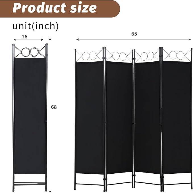 FDW 4-Panel Folding Room Divider | 6ft, Coal Black | Light & Portable | - Image 7