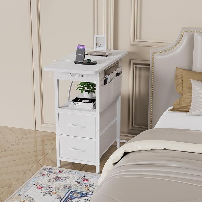 Yenlure Small Side Table with Charging Station, Narrow Nightstand Bedside - Image 2
