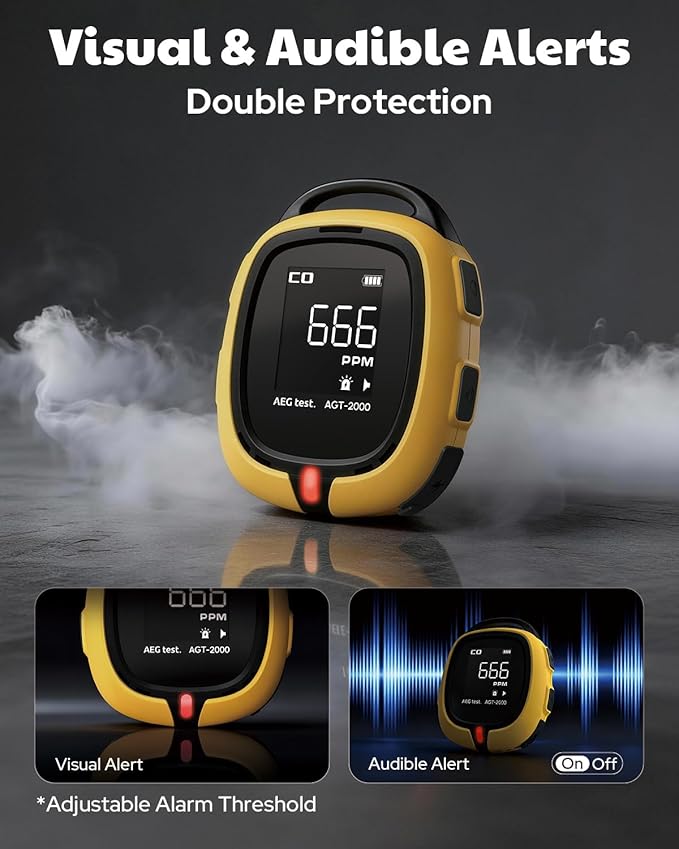 AEGTEST AGT-2000 Portable Carbon Monoxide Detector for Travel, 240H Standby, CO Detector with Audible & Visual Alerts for Camping, Rechargeable CO Meter with Built-in Emergency Flashlight