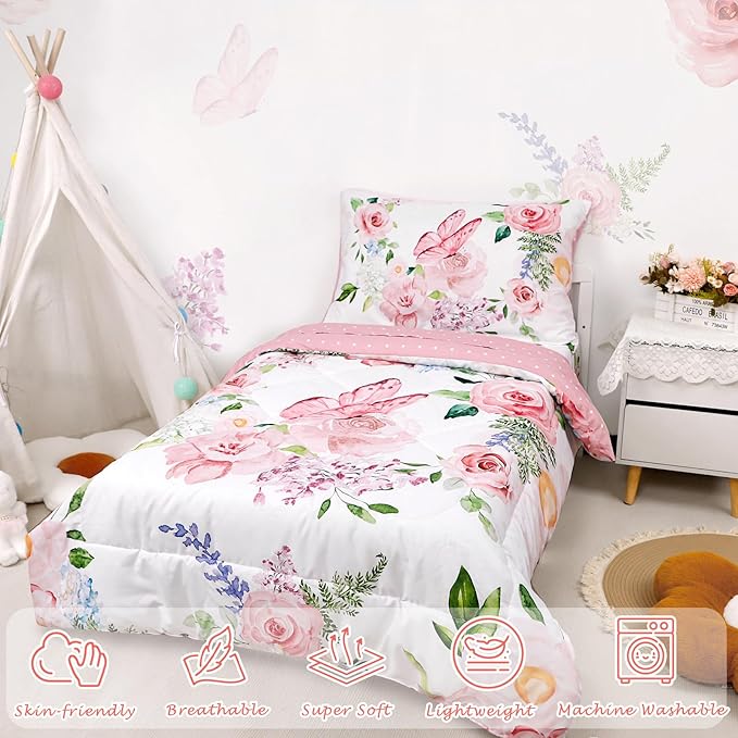 4 Piece Toddler Bedding Set for Girls, Butterfly Toddler Comforter Set, Ultra Soft Toddler Bed Set Includes Comforter, Flat Sheet, Fitted Sheet, Pillowcase (Pink Floral & Butterfly Pattern)