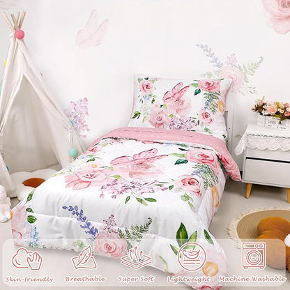 4 Piece Toddler Bedding Set for Girls, Butterfly Toddler Comforter Set, Ultra Soft Toddler Bed Set Includes Comforter, Flat Sheet, Fitted Sheet, Pillowcase (Pink Floral & Butterfly Pattern)