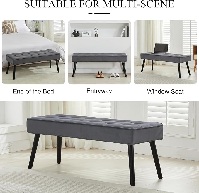 LOULENS Entryway Bench, Dark Grey | Wood Legs, Button Tufted, Upholstered Bench - Image 5