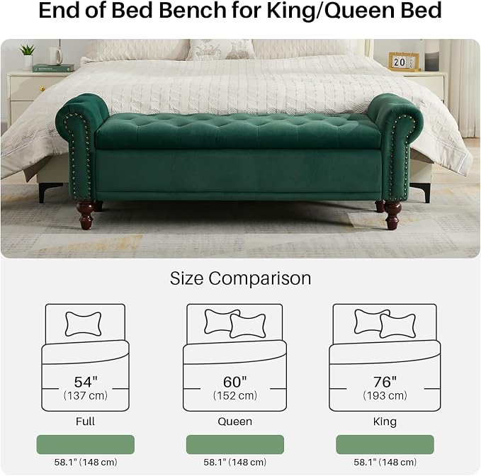 SOFTHION 58.1" Storage Bench for Bedroom, Velvet Upholstered, Dark Green | End - Image 5