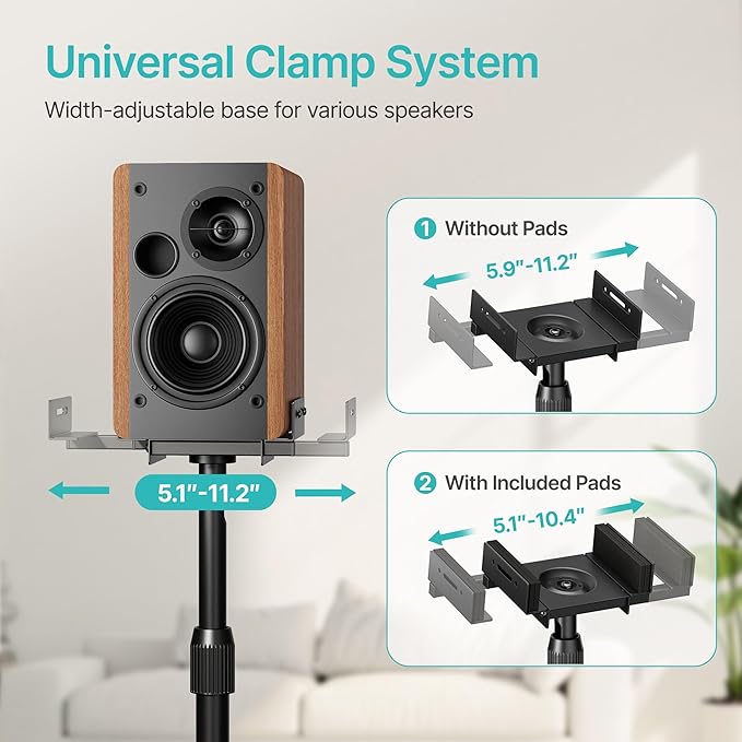 Pegzone Height-Adjustable Speaker Stands Pair,11LBS Capacity,Height Adjustable from 33.4" to 44.0",Surround Sound Speaker Stands,Cable Management,Black,1 Pair