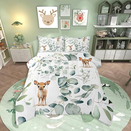 Erosebridal Cartoon Deer Toddler Size Comforter Set Toddler Woodland Wildlife Bedding Set, Spring Plant Down Comforter Eucalyptus Leaf Bed Set, Jungle Animal Theme Quilted Duvet Kids Room Decor