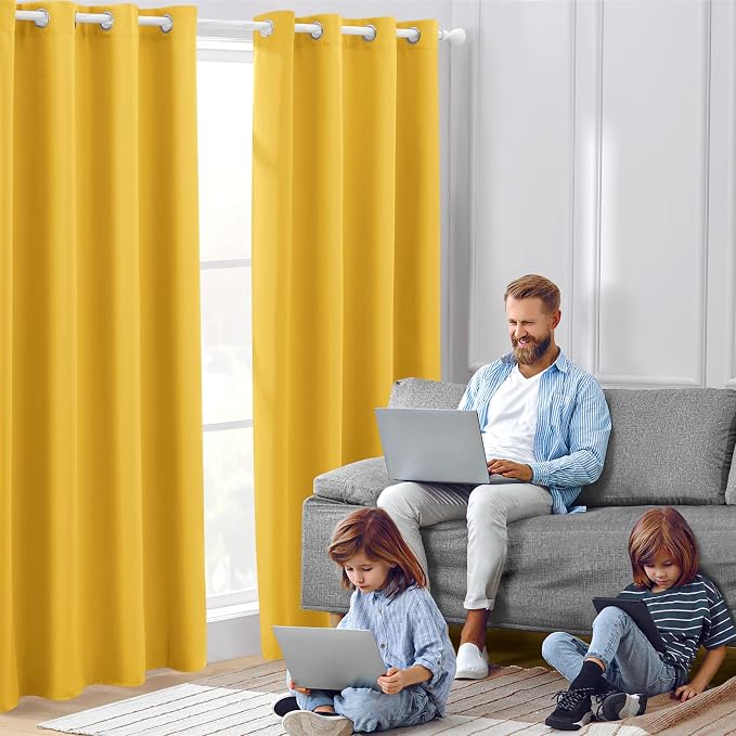 HOMEIDEAS Blackout Curtains 52 X 96 Inch Long Set of 2 Panels Mustard Yellow - Image 2