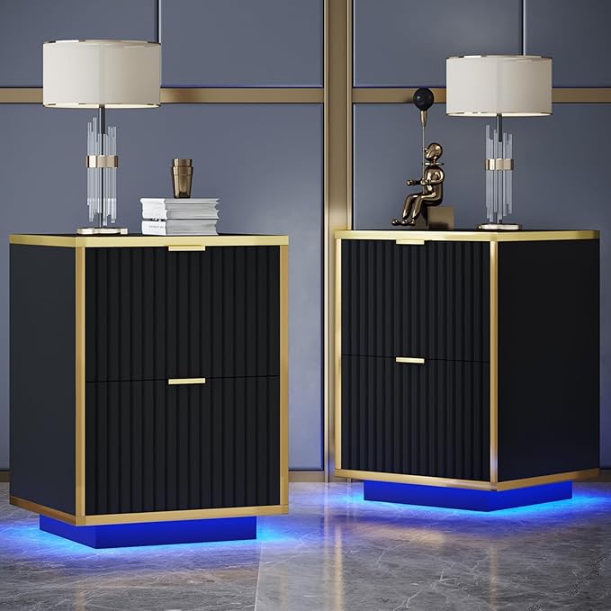 4ever2buy Black and Gold Nightstand Set of 2 by 4ever2buy