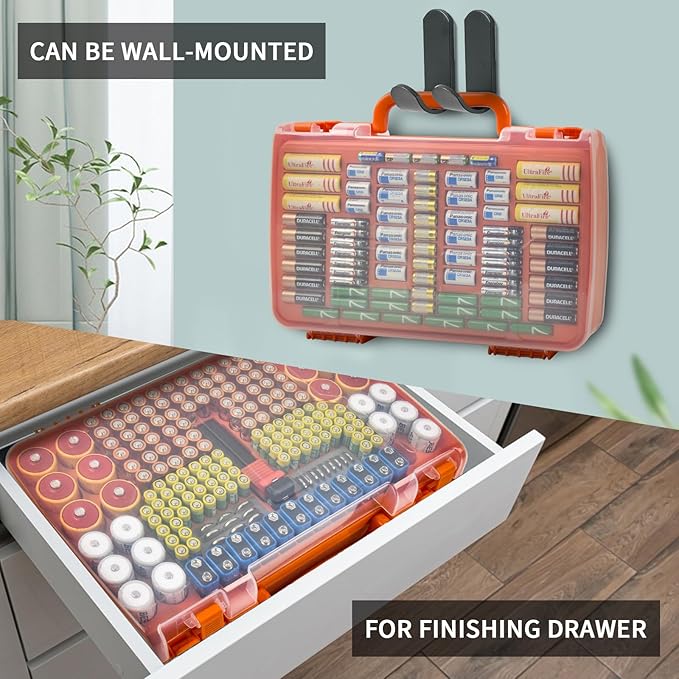 Aptbyte Battery Organizer Storage Holder Box Case with Tester- 269 Batteries Double-Sided Variety Pack, Holds AA AAA 4A C D Cell 9V 3V Lithium LR44 CR2 CR123 CR1632 18650 Button- Orange (Box Only)