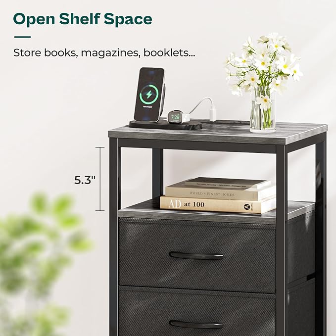 Huuger Nightstand with Charging Station, 27.6 Inch Bedside Table, Side Table | - Image 7