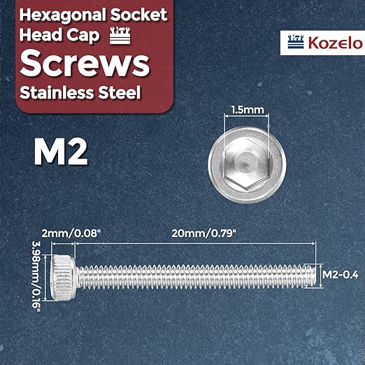 Kozelo 50pcs Socket Head Cap Screws - [M2-0.4 x 20mm] 304 Stainless Steel Allen Socket Drive for Electrical Motor 3D Printing Fan Engine Replacement Use, Silver