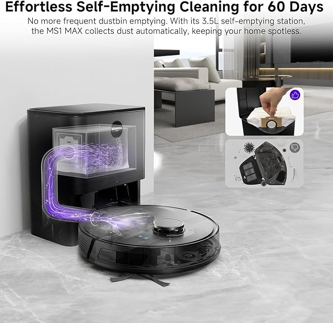 MONSGA Robot Vacuum and Mop Combo, 6000Pa Robotic Vacuum with 3.5L Self Emptying Station, Lidar Navigation Robot Vacuum Cleaner, 180mins Runtime, APP/Remote/Voice Control, for Hard Floors and Carpets