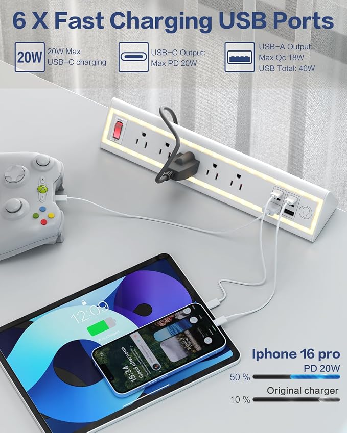Desk Clamp Power Strip with Nightlight, 40W Fast Charging, 10FT Extension Cord - Image 4