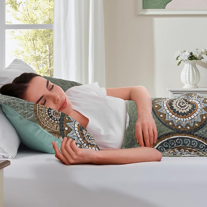 3-Piece Full Queen Size Olive Green Quilt Set Lightweight Oversized Bedspread - Image 5