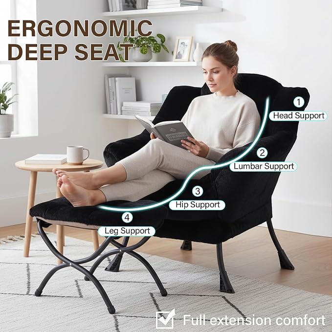 Welnow Lazy Chair with Ottoman, Reading Chair with Footrest, Plush Black | A - Image 9