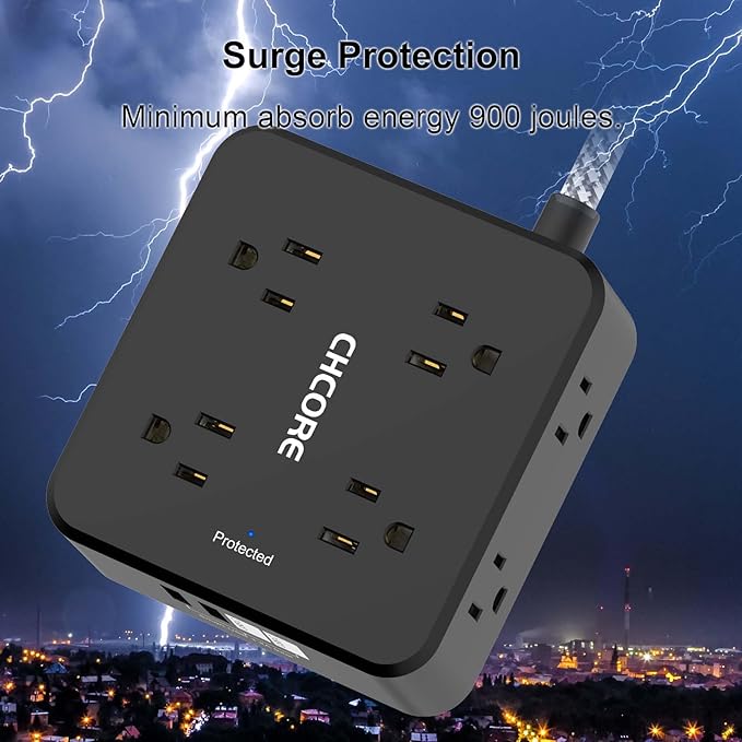 Surge Protector Power Strip - CHCORE 6Ft Braided Extension Cord with 8 Outlets with 4 USB (2 USB C) Charging Ports, Flat Plug Multi Plug Outlet Extender Charging Station for Home Office, ETL, Black