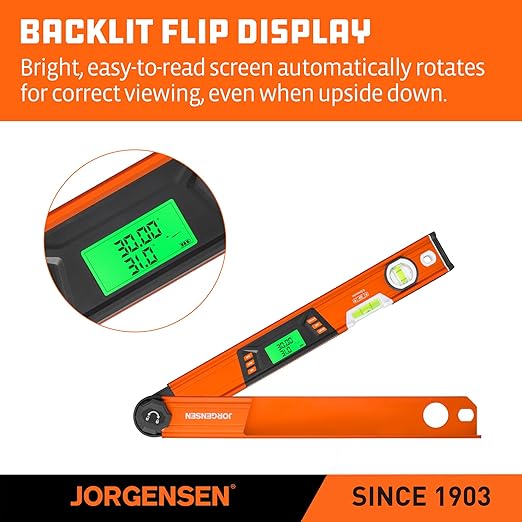 JORGENSEN Digital Angle Finder, Multi Angle Finder Tool with Backlit LCD, Protractor Digital Level with Horizontal & Vertical Bubble