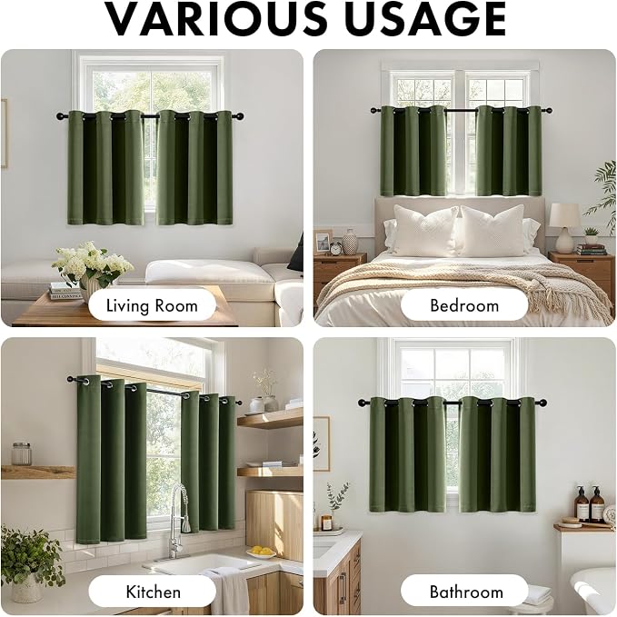 Short Olive Green Blackout Kitchen Curtain W40 x L45 Inch 2 Panels | Thermal - Image 5