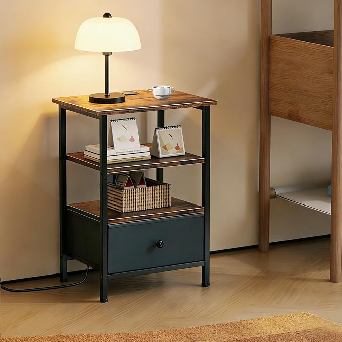 Side Table with Charging Station, Nightstand with Adjustable Fabric Drawer - Image 7