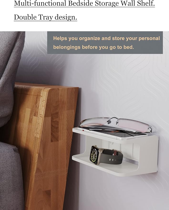 Bedside Wall Shelf Organizer, Small Bedside Shelf, | Wall Mount - Image 2