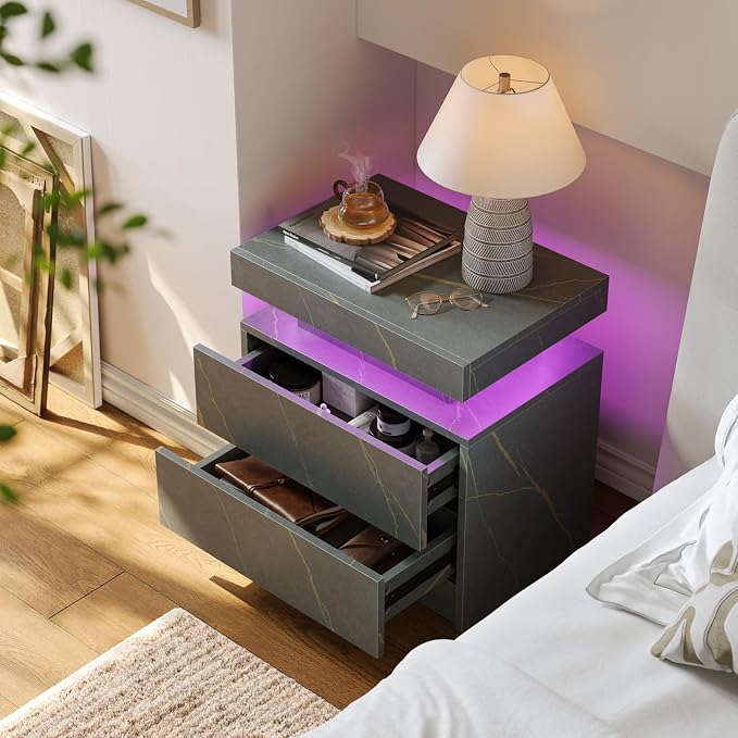 Modern Gray LED Nightstand for Bedroom Bedside Table - Image 3