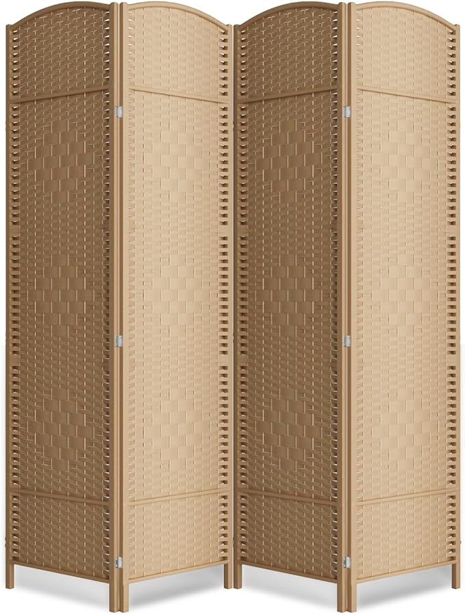 4 Panel Folding Room Divider, Woven Privacy Screen, Light Beige | Solid wood by cocosica