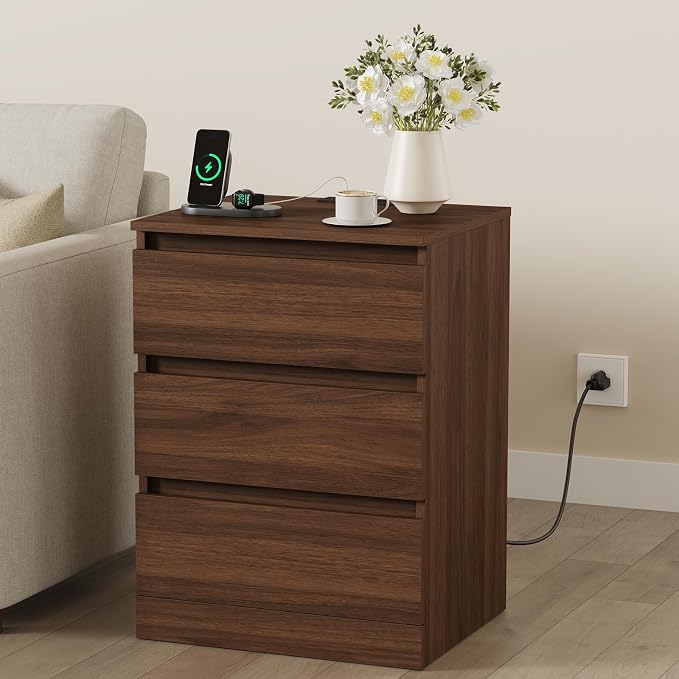 Nightstands Set of 2 with Charging Station and Drawer, Walnut | Bedside Tables - Image 2
