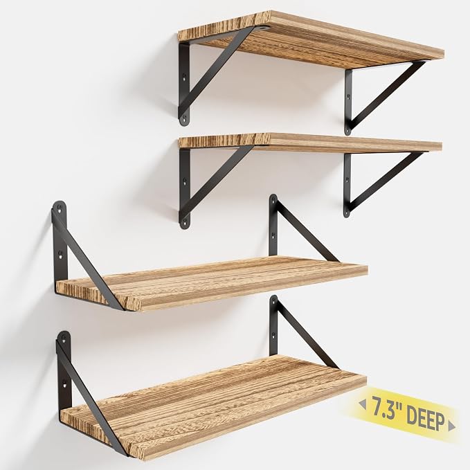 Wall Shelves 7.3" Deep Solid Paulownia Wood | 15mm Thick, Wider & Longer & by COCOYA
