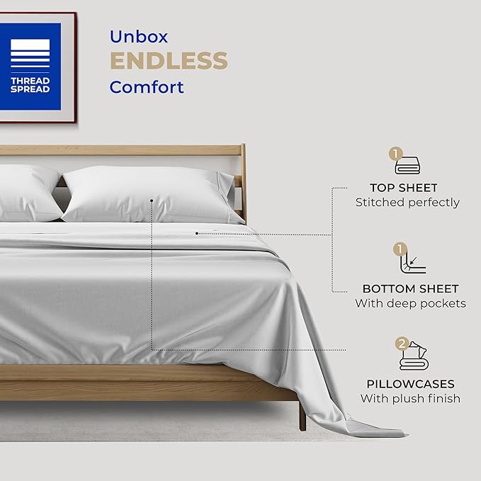 THREAD SPREAD King Size Cotton Sheets Set - 400 Thread Count 4 PC 100% Egyptian Cotton Sheets for King Bed, Deep Pocket King Size Cotton Sheets Set Hot Sleepers, Luxury Hotel Cooling Sheets (Silver)