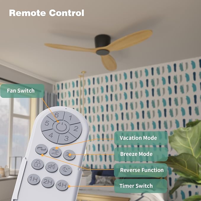 OUATER Flush Mount Ceiling Fan no light with Remote, 52 inch Low Profile Wood Ceiling Fan without light for Outdoor, Bedroom, Natural Wood and matte Black, DC Motor, 6 Speed