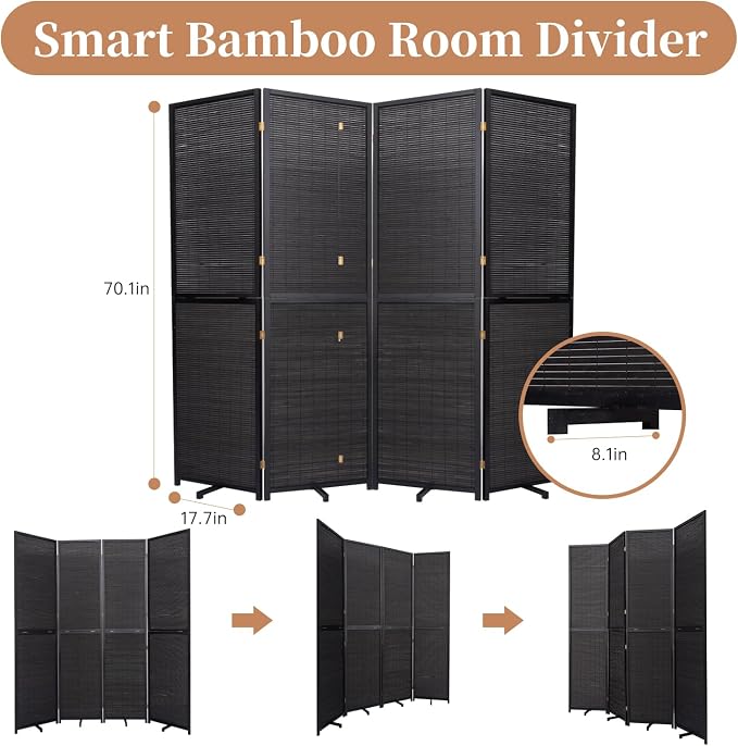Room Divider Folding Privacy Screens, Hand-Made Natural Bamboo Room Dividers | - Image 5