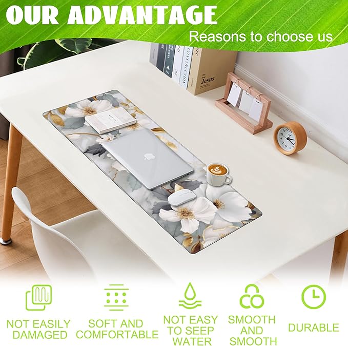 Eflxamz Desk Mat,White Gold Marble Desk Pad,White Flowers Golden Leaves Large Gaming Mouse Pad for Desk,Extended Big Computer Keyboard Mouse Pad with Non-Slip Base and Stitched Edge,31.5"x11.8"