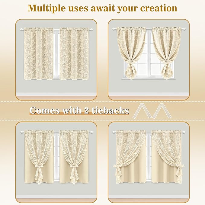 Yinhua Double Layer Kitchen Curtains 36 Inch Length Beige Blackout Curtains - Image 6
