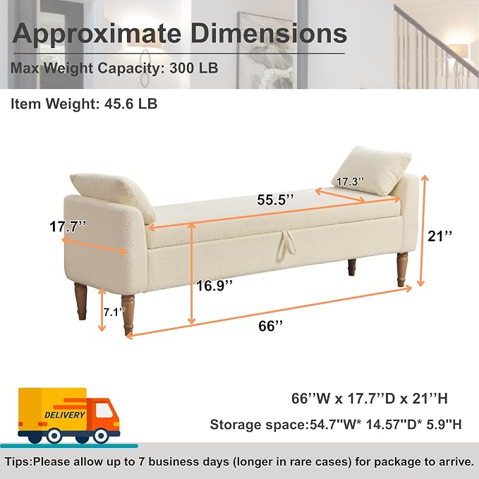 66" End of Bed Storage Bench for Bedroom - Image 2