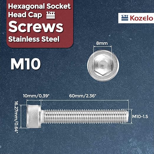 Kozelo 8pcs Socket Head Cap Screws - [M10-1.5 x 60mm] 304 Stainless Steel Allen Socket Drive for Electrical Motor 3D Printing Fan Engine Replacement Use, Silver