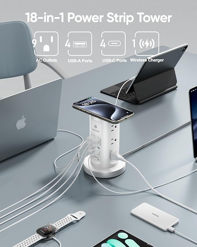 Kakyanill 115W USB Charging Station, Surge Protector Power Strip Tower, 9 AC Outlets with 8 USB Ports(4 USB-C), 6Ft Flat Plug Retractable Extension Cord, for Home Office Dorm, White