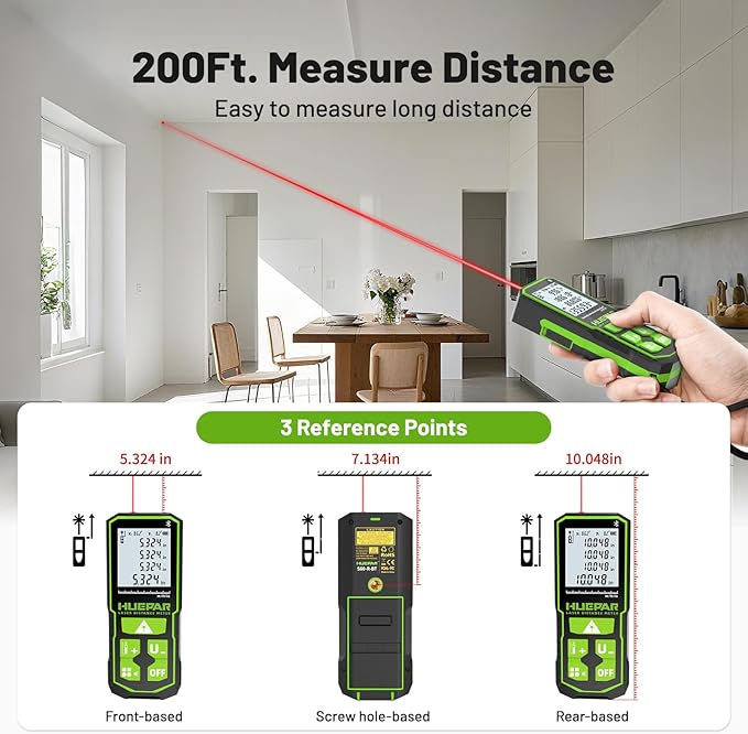 Huepar Laser Distance Measure 200Ft. Digital Rechargeable Laser Measuring Tool with Bluetooth -Phone APP, 1/16in Accuracy, Angle Sensor, M/in/Ft Unit, Pythagorean Mode, Measure Distance, Area, Volume