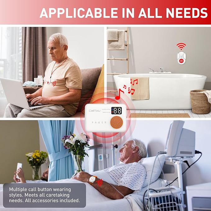 CallToU Wireless Caregiver Pager Portable Alarms for Elderly Wrist Call Button Caregiver Alert Paging System Vibrate Pager with Digital Display Nurse Call Bell Help Button, Alert Button for Seniors